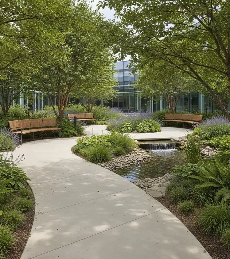 Office park landscaping and irrigation installation by Lushline Gardens