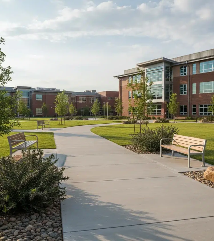 Office park landscaping and irrigation installation by Lushline Gardens