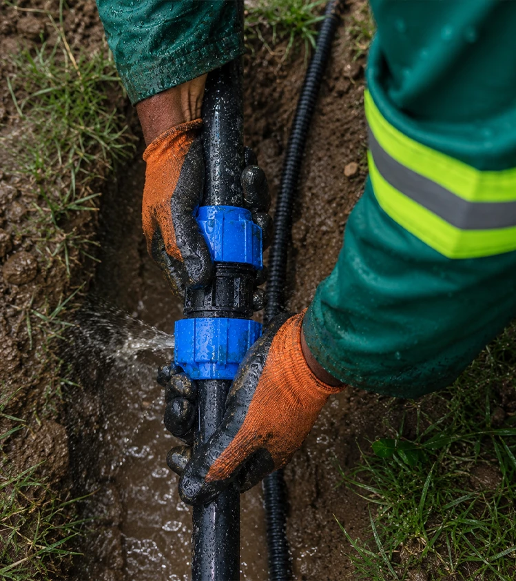 Lushline Garden Landscaping and Irrigation specialist installing a black HDPE irrigation pipe with blue compression fittings.