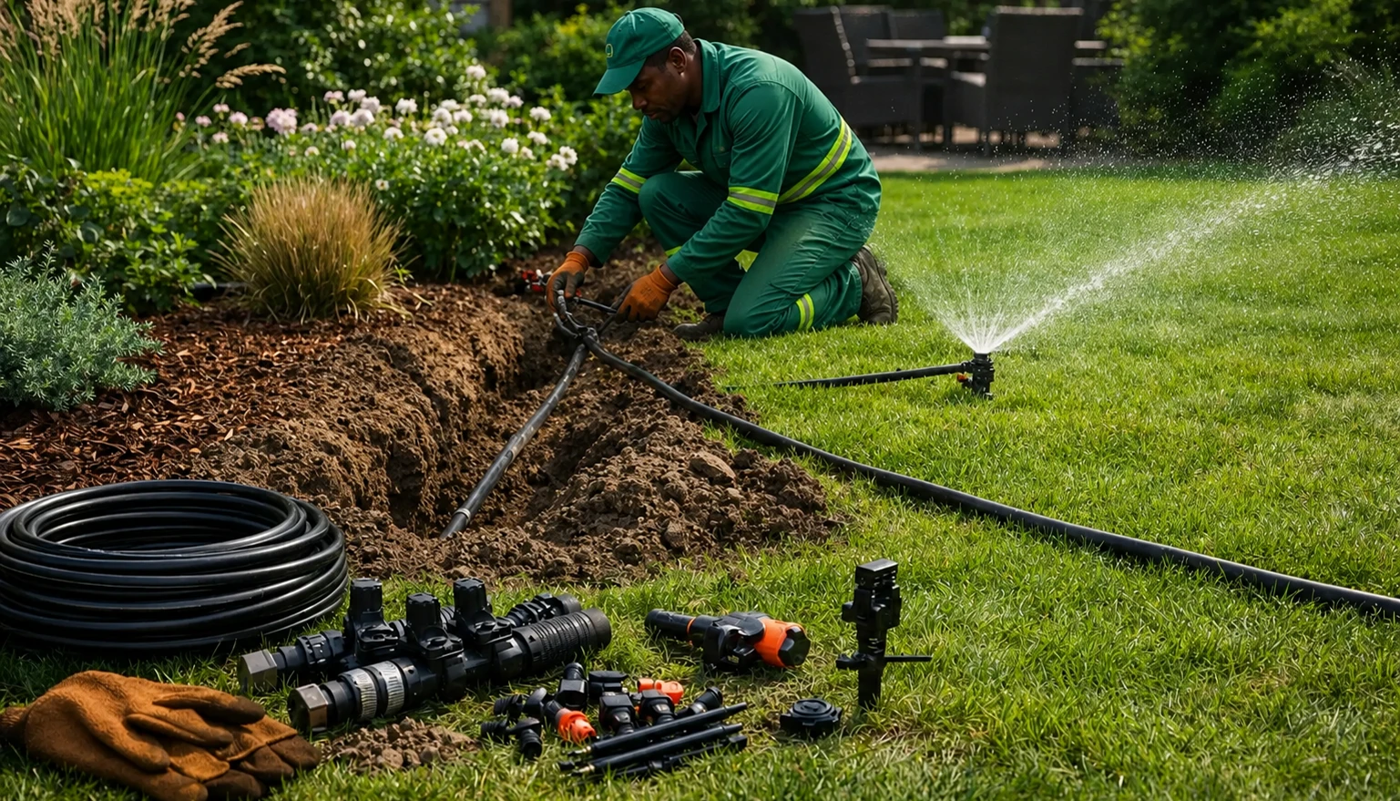 Professional Lushline Garden Landscaping and Irrigation technician repairing underground irrigation pipe in a garden trench.